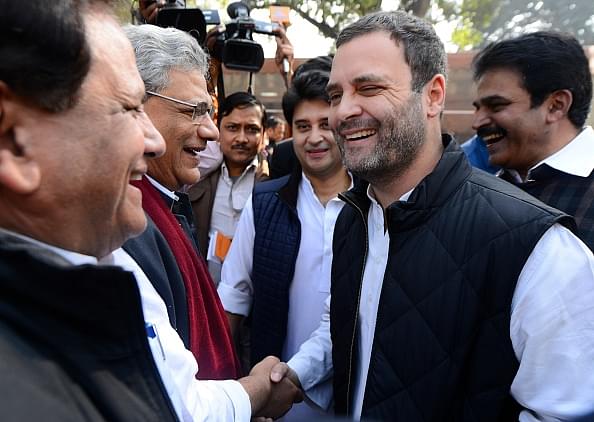 
Rahul Gandhi  and Sitaram Yechury at Parliament 
house. (Pankaj Nangia/Getty 
Images).

