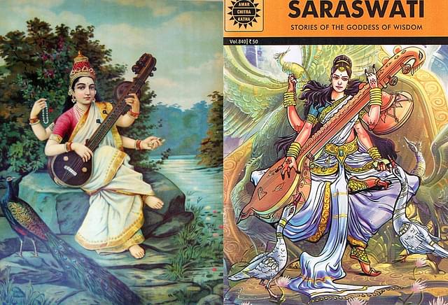 Ravi Varma’s Saraswati (L) and Saraswati on the cover of a recent issue of <i>Amar Chitra Katha</i>