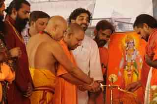 Yogi Adityanath became the first Uttar Pradesh Chief Minister in 15 years to pray at the makeshift Ram temple. (Deepak Gupta/Hindustan Times via Getty Images)