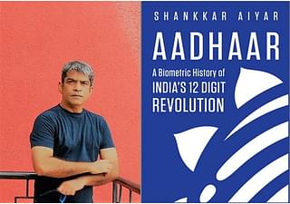 Left: Author Shankkar Aiyar;  Right: Book Cover of Aadhaar: A Biometric History of India’s 12-Digit Revolution&nbsp;