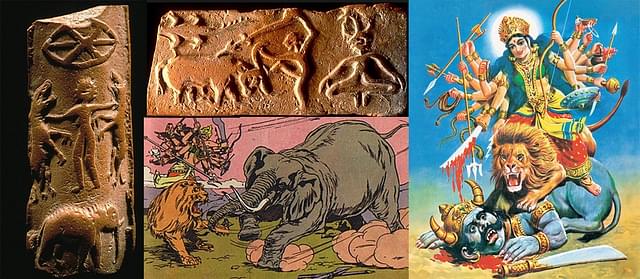 The buffalo-slaying Divine depicted in Harappan tablet: The tablet has on its other side a female
figure fighting felines and over a hostile elephant. In the fifth century, Devi Māhātmiya, before slaying
Mahisha, fights the elephant and lion forms of the demon.