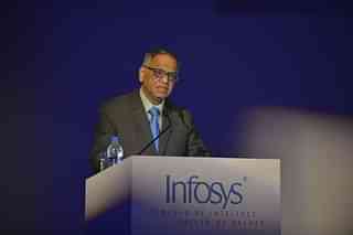 Murthy addressing a press conference in Bangalore. (Hemant Mishra/Mint via GettyImages) &nbsp;