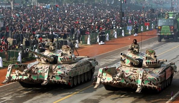T-72 FWMP Tanks pass through the saluting base on Rajpath during the full dress rehearsal of the Republic Day on 23 January 2012 in New Delhi, (Mohd. Zakir/Hindustan Times via GettyImages)