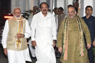 Venkaiah Naidu with BJP President Amit Shah and Prime Minister Narendra Modi at BJP Headquarters (Vipin Kumar/Hindustan Times via Getty Images)