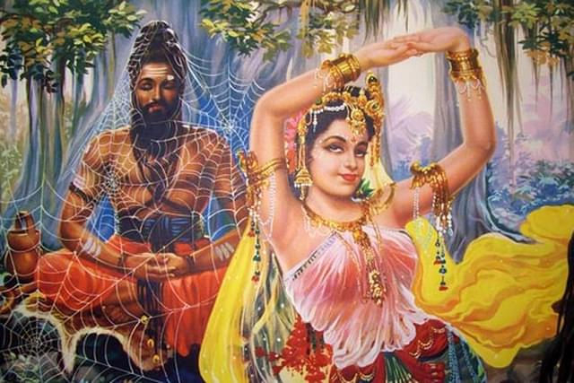 Hindu calendar art: Celestial nymph Maneka dancing before Viswamitra 