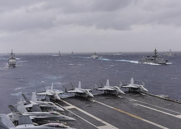 Ships from the Indian, Japan and the US navies sail in formation in the Bay of Bengal during exercise Malabar 2017. (Wikimedia Commons)