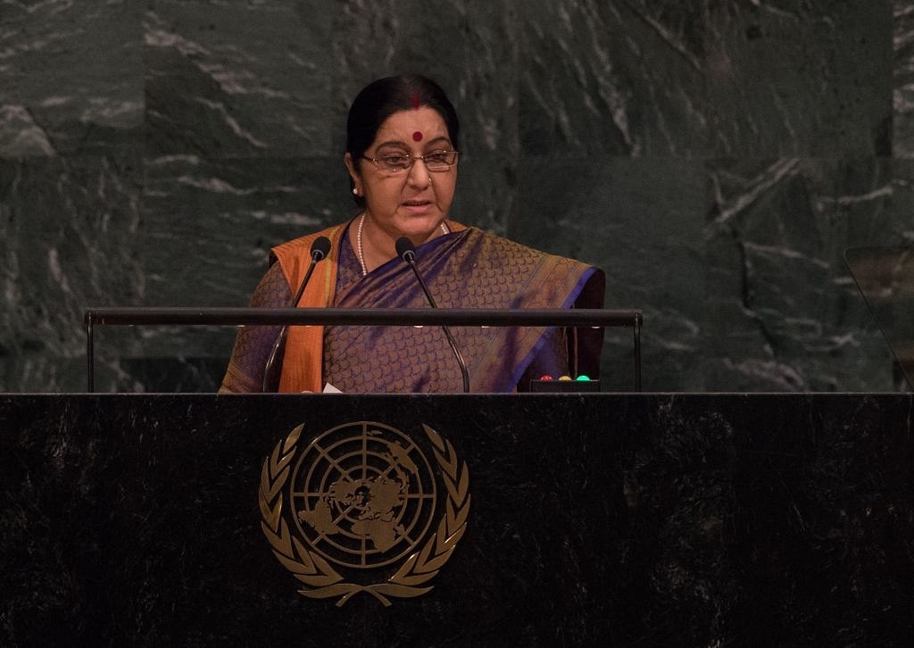 India External Affairs Minister Sushma Swaraj addresses the 72nd Session of the United Nations General Assembly at the UN headquarters in New York on 23 September 2017. (BRYAN R SMITH/AFP/GettyImages)