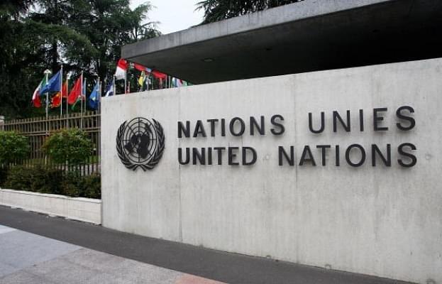 The United Nations emblem is seen in front of the United Nations Office in Geneva, Switzerland. (Johannes Simon/Getty Images)