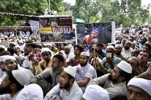 Members of Muslim community protest against the genocide of Rohingya Muslims in Myanmar at Jantar Mantar on 21 September 2017 in New Delhi, India. (Arun Sharma/Hindustan Times via GettyImages)