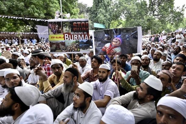 Members of Muslim community protest against the genocide of Rohingya Muslims in Myanmar at Jantar Mantar on 21 September 2017 in New Delhi, India. (Arun Sharma/Hindustan Times via GettyImages)