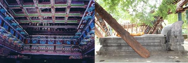 (Left) 2005: Garishly painted wooden roof still stands (right) 2017:complete roof structure has collapsed