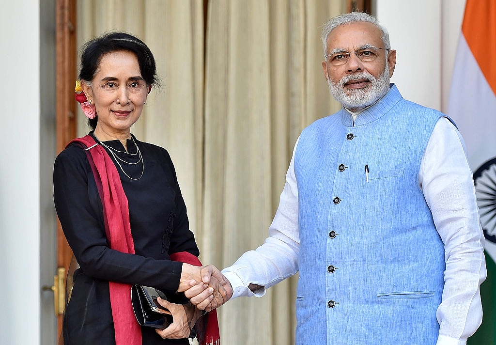  Prime Minister Narendra Modi with Myanmar’s Foreign Minister Aung San Suu Kyi ahead of a bilateral meeting at Hyderabad House, in 2016 in New Delhi.