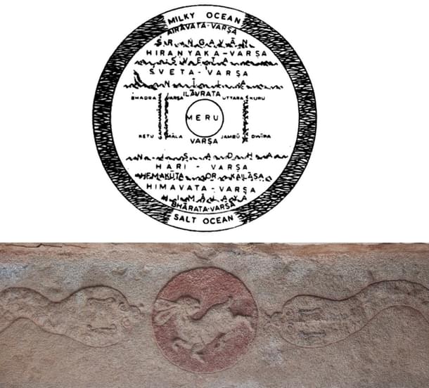 A depiction of Sudarsana island perhaps more faithful to the verses. (Below) Fifteenth-century Vijayanagar depiction of the rabbit-like reflection on the Moon. On both sides of the Moon are the serpents Rahu and Ketu, symbolic of the ascending node with the Moon moving to the north of the solar path and the descending node with the Moon moving to the south respectively.