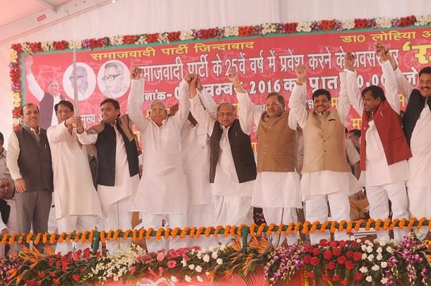 Samajwadi Party national president Mulayam Singh Yadav, Uttar Pradesh chief minister Akhilesh Yadav, state SP chief Shivpal Yadav, Rashtriya Lok Dal president Ajit Singh, Rashtriya Janata Dal chief Lalu Prasad and Janata Dal-United leader Sharad Yadav during Samajwadi silver Jubilee function at Janeshwar Mishra park, on November 5, 2016 in Lucknow, India. The ruling Samajwadi Party is celebrating 25th anniversary of its founding day in Lucknow. Samajwadi Partys silver jubilee function witnessed grand attendance of the Janata family with RJD leader Lalu Prasad Yadav, former prime minister and JDS leader HD Deve Gowda and JD (U) leader Sharad Yadav attending the event on Saturday. (Ashok Dutta/Hindustan Times via Getty Images)
