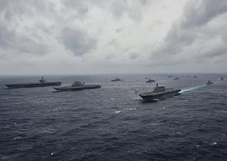 Carriers from the Indian navy, Japan’s Maritime Self-Defense Force and the US Navy sail in formation during exercise Malabar 2017. (US Navy/Twitter)
