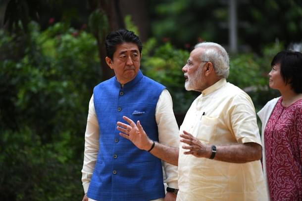 Japanese Prime Minister Shinzo Abe (L) 
and his wife Akie Abe visit Sabarmati Ashramand with Prime 
Minister Narendra Modi (C) in Ahmedabad on 13 September 2017. (PRAKASH SINGH/AFP/GettyImages)