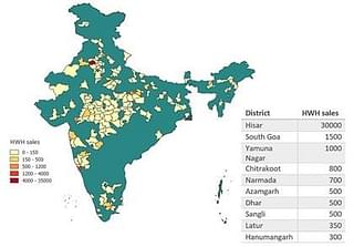 Figure 6. Hot water heater (HWH) sales by district in India (2013-2014)