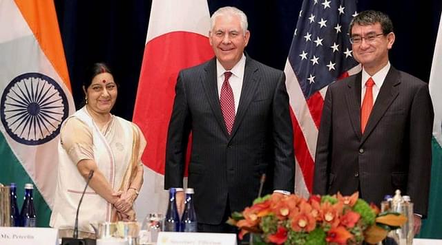External Affairs Minister Sushma Swaraj with US Secretary of State Rex Tillerson and Japan’s Minister for Foreign Affairs  Taro Kono(PTI)
