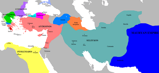 Split-up of Alexander’s empire after the War of the Diadochi. Seleucid Empire Marked in Green (<a href="https://www.ancient.eu/image/581/">Ancient History Encyclopedia</a>)