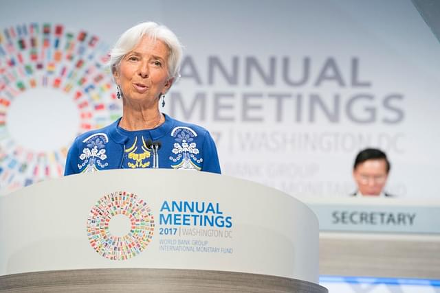 International Monetary Fund Managing Director Christine Lagarde speaks at the plenary session during the IMF/World Bank annual meetings on 13 October in Washington. (Stephen Jaffe/IMF via Getty Images)&nbsp;