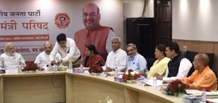 Prime Minister Narendra Modi and BJP President Amit Shah, during a meeting with 13 Chief Ministers of BJP-ruled states following the day-long meeting of the NITI Aayog Governing Council, at BJP HQ, on April 23, 2017 in New Delhi, India. (Arvind Yadav/Hindustan Times via Getty Images)