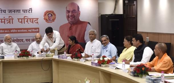 Prime Minister Narendra Modi and BJP President Amit Shah, during a meeting with 13 Chief Ministers of BJP-ruled states following the day-long meeting of the NITI Aayog Governing Council, at BJP HQ, on April 23, 2017 in New Delhi, India. (Arvind Yadav/Hindustan Times via Getty Images)