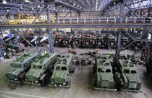 A line of the Indian Army version of Mine Protected Vehicles (MPV) during a flagging off ceremony at Ordnance Factory in Medak District some 60kms from Hyderabad on October 30, 2009. (NOAH SEELAM/AFP/Getty Images)