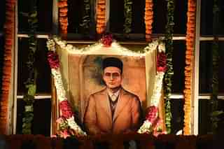 The portrait of Savarkar at the Central Hall of Parliament in New Delhi. (Sonu Mehta/HindustanTimes via GettyImages)