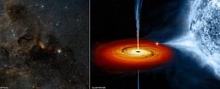 Cygnus X-1: The first discovered black hole: (left) optical image; (right) concept illustration of a spinning black hole devouring the binary star. (NASA)