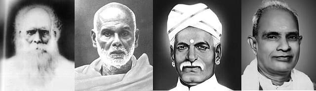 In Kerala, social reform has a long history and is rooted in Vedantic humanism and not Marxism: (From left to right) Vidyadhirraja Chattampi Swamigal, Sri Narayana Guru, Mahatma Ayyankali and Mannathu Padmanabhan