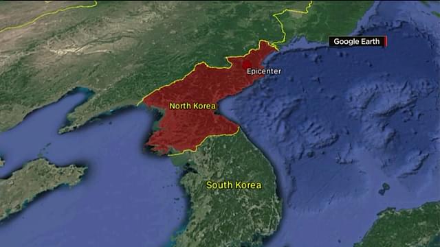 A Google earth map shows North Korea and South Korea. 