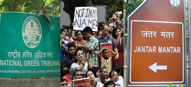 National Green Tribunal (left), Protest at Jantar Mantar, Jantar Mantar sign board (right) 