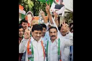 Maharashtra Congress chief Ashok Chavan (left) and party workers celebrate the party’s win in the Nanded municipal elections. (PTI)