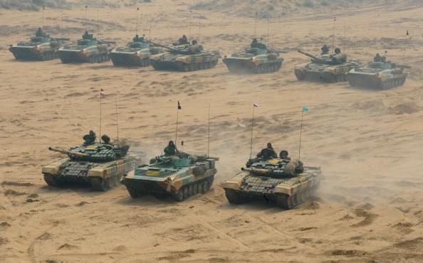 Tanks participate in an earlier India-Russia joint military drill at the Mahajan Field Firing Range in Rajasthan around 900 kilometres from Ahmedabad. (SAM PANTHAKY/AFP/GettyImages) 