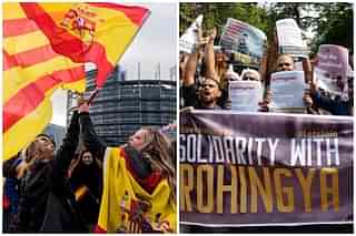 Women hold Spanish and Catalan flags during a demonstration against Catalonia’s independence. (PATRICK HERTZOG/AFP/Getty Images) / Indian demonstrators shout slogans as they protest against the treatment of Rohingya Muslims in Myanmar. (SAJJAD HUSSAIN/AFP/Getty Images)