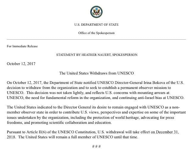 America’s official statement announcing their exit from UNESCO