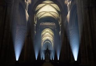 The inside of the historic Durham Cathedral is illuminated by a light installation titled ‘Methods’ by artist Pablo Valbuena in Durham, England. (Ian Forsyth/Getty Images)