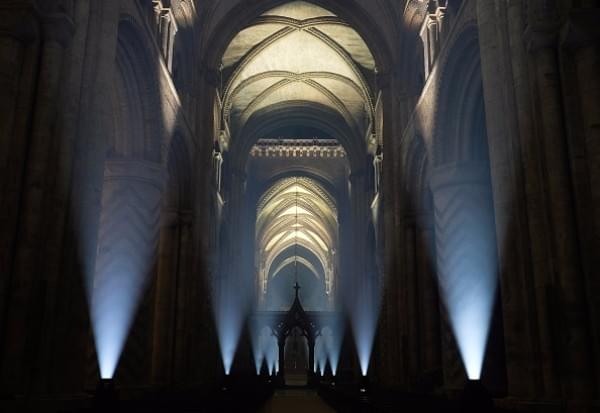 The inside of the historic Durham Cathedral is illuminated by a light installation titled ‘Methods’ by artist Pablo Valbuena in Durham, England. (Ian Forsyth/Getty Images)