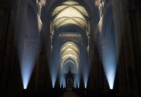  The inside of the historic Durham Cathedral is illuminated by a light installation titled ‘Methods’ by artist Pablo Valbuena in Durham, England. (Ian Forsyth/Getty Images)