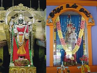 Periyanayagai (left) literally means the ‘grand bride’ and hence the grace and vitality of Shiva; Christian appropriation of Periyanayagi (right)