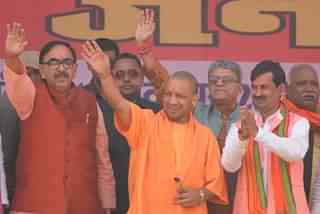 UP CM Yogi Adityanath along with BJP state president Mahendra Nath Pandey and BJP mayor candidate for Ayodhya and Faizabad. (Representative Image) (Deepak Gupta/Hindustan Times via Getty Images)