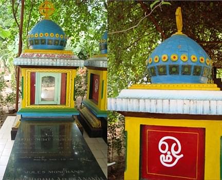 The grave of Monchanin (left); the verse of Manickavasagar is placed in an inappropriate way and Aum is painted to give it a Hindu appearance.