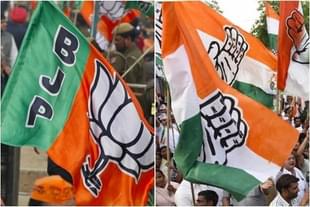 BJP and Congress supporters. (Raj K Raj/Hindustan Times via Getty Images and Sonu Mehta/Hindustan Times via Getty Images)  