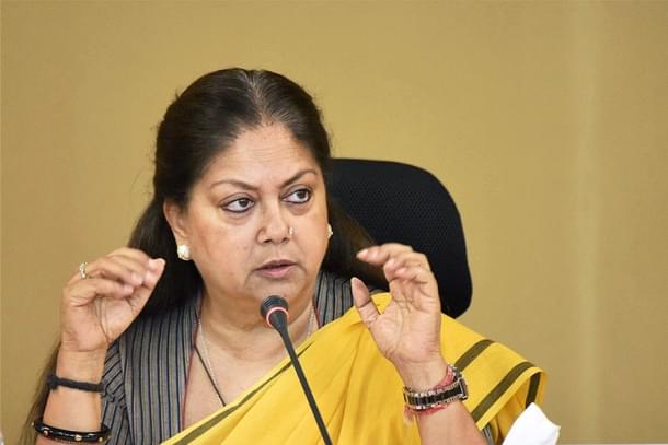 Vasundhara Raje addressing a press conference in Jaipur.(PTI)