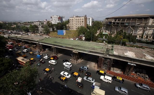 Construction of flyover in progress at the domestic airport signal on the Western Express Highway. (Satish Bate/Hindustan Times via Getty Images)