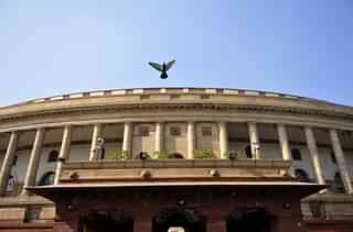 A pigeon flies over the Parliament building during the winter session in December 2015 in New Delhi. (Vipin Kumar/Hindustan Times via Getty Images)