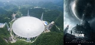Science fiction meets reality: (Left) World’s largest radio telescope built by China (right) Movie poster of Liu Cixin’s science fiction.