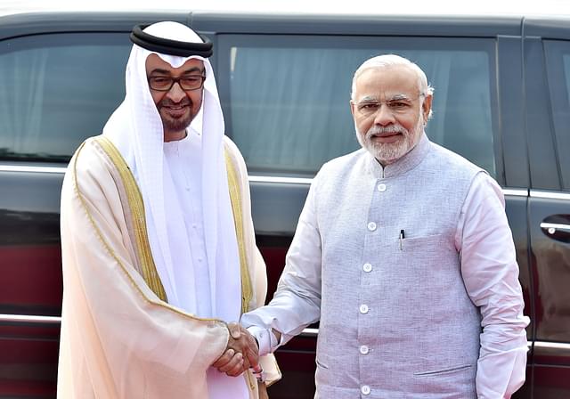 Prime Minister Narendra Modi greets Abu Dhabi Crown Prince Mohammed bin Zayed Al Nahyan  in New Delhi, India. (Ajay Aggarwal/Hindustan Times via Getty Images)