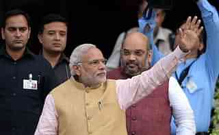 Prime Minister Narendra Modi and BJP president Amit Shah at a party event in Mumbai. (PUNIT PARANJPE/AFP/Getty Images)