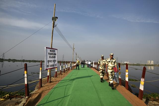 Bridge constructed for the World Cultural Festival event promoted by Art of Living foundation at the banks of River Yamuna (Arun Sharma/Hindustan Times via Getty Images)